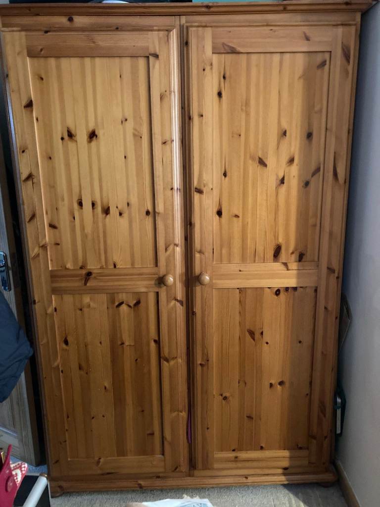 Solid Pine Double Door Wardrobe 194cm High With Hanging Rails