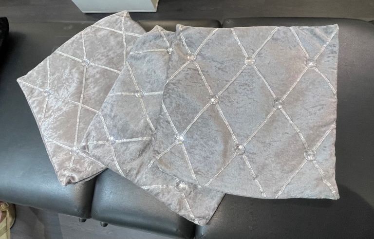 Set of 3 Grey Velvet Cushions with Diamante Detail – Good Condition