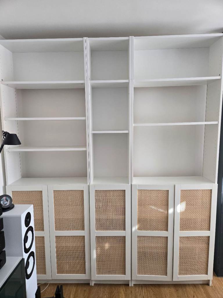 IKEA BILLY Bookcase with HÖGADAL Cane Doors – Custom Built-In Look – White