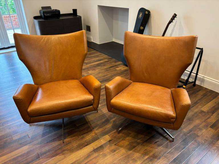 2 x West Elm Hemming Leather Swivel Armchairs - Pristine Condition