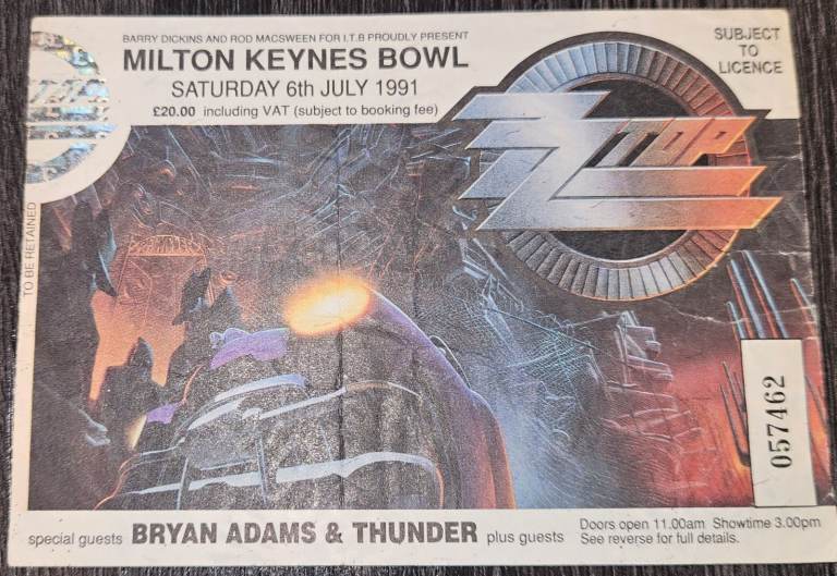 zz top milton keynes bowl 6 july 1991 bryan adams thunder concert ticket