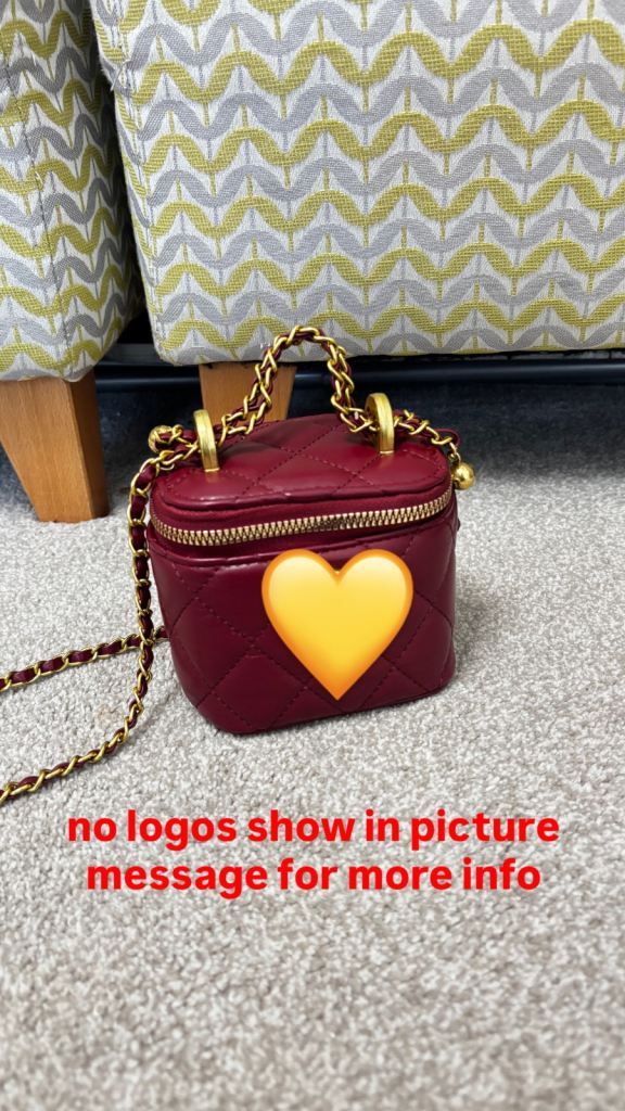 Burgundy Quilted Mini Vanity Bag – Gold Chain – Designer Style – Like Ne