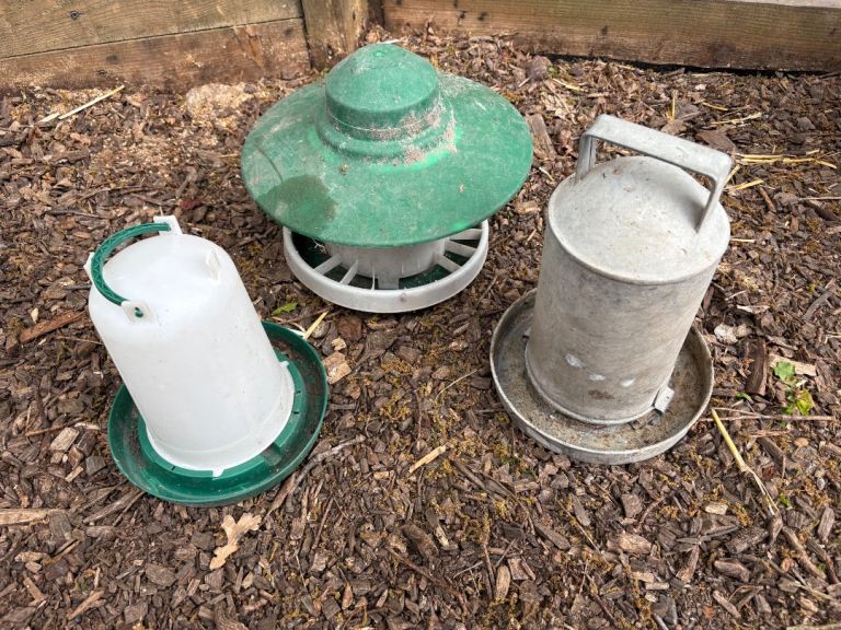 Chicken feeder and two drinkers