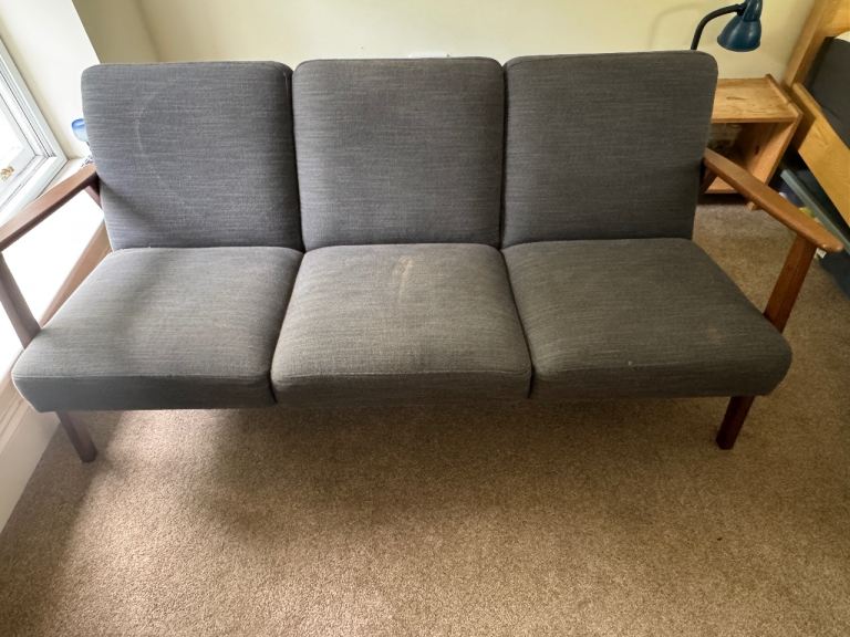 IKEA Ekinaset Three-Seater Grey Fabric Sofa with Wooden Arms