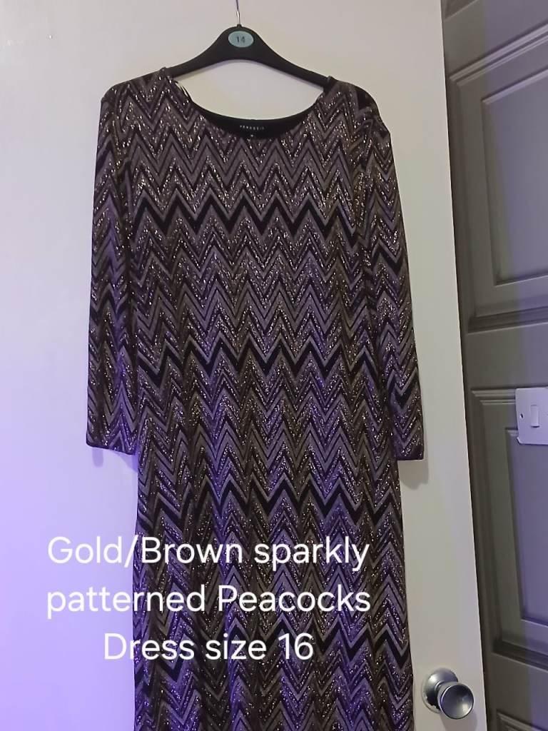 Peacocks Gold/Brown Sparkly Patterned Dress - Size 16