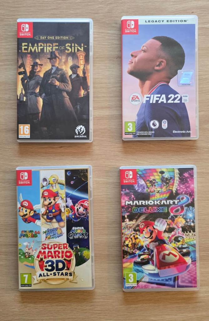 Nintendo Switch games | Super Mario 3D All Stars, Mario Kart 8 Deluxe. Fifa 22, Empire of Sin