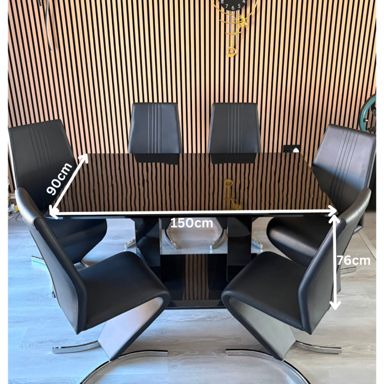 Black High Gloss Dining Table & 6 Faux Leather Chrome Chairs IMPERIA