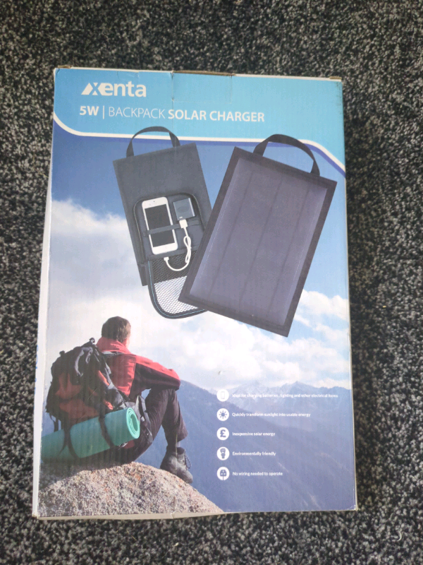 Xenta backpack solar charger. 5w. Brand new in box. Great for camping / festivals