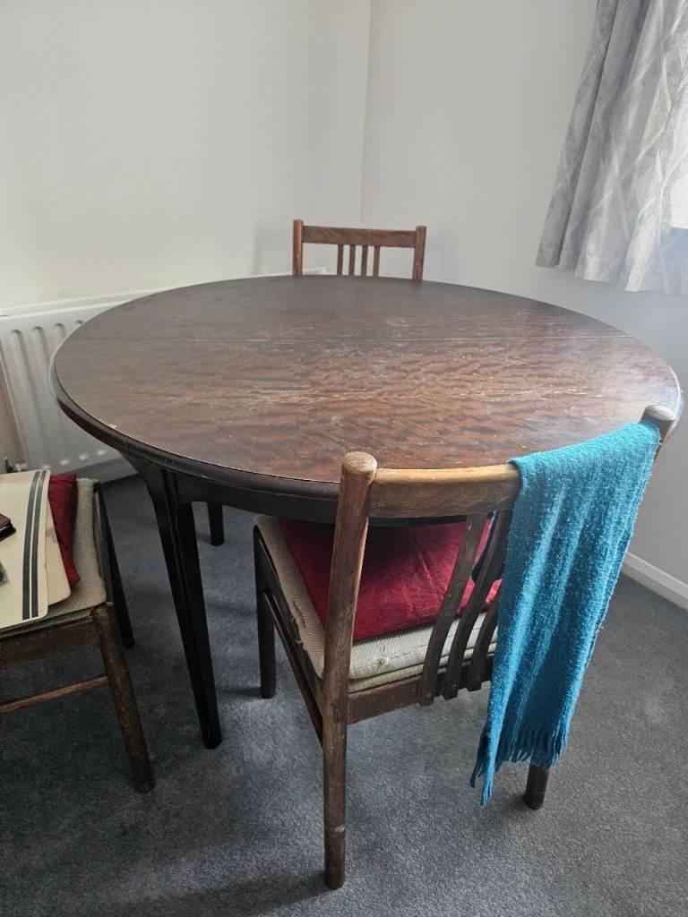 Wooden Round Dining Table & Chairs - Fair Condition