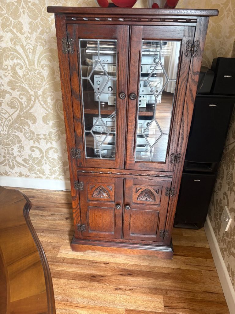 Solid Wood Corner Display Cabinet with Leaded Glass Doors