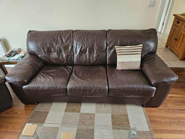 Brown Leather 3-Seater Sofa and Armchair Set – Good Condition