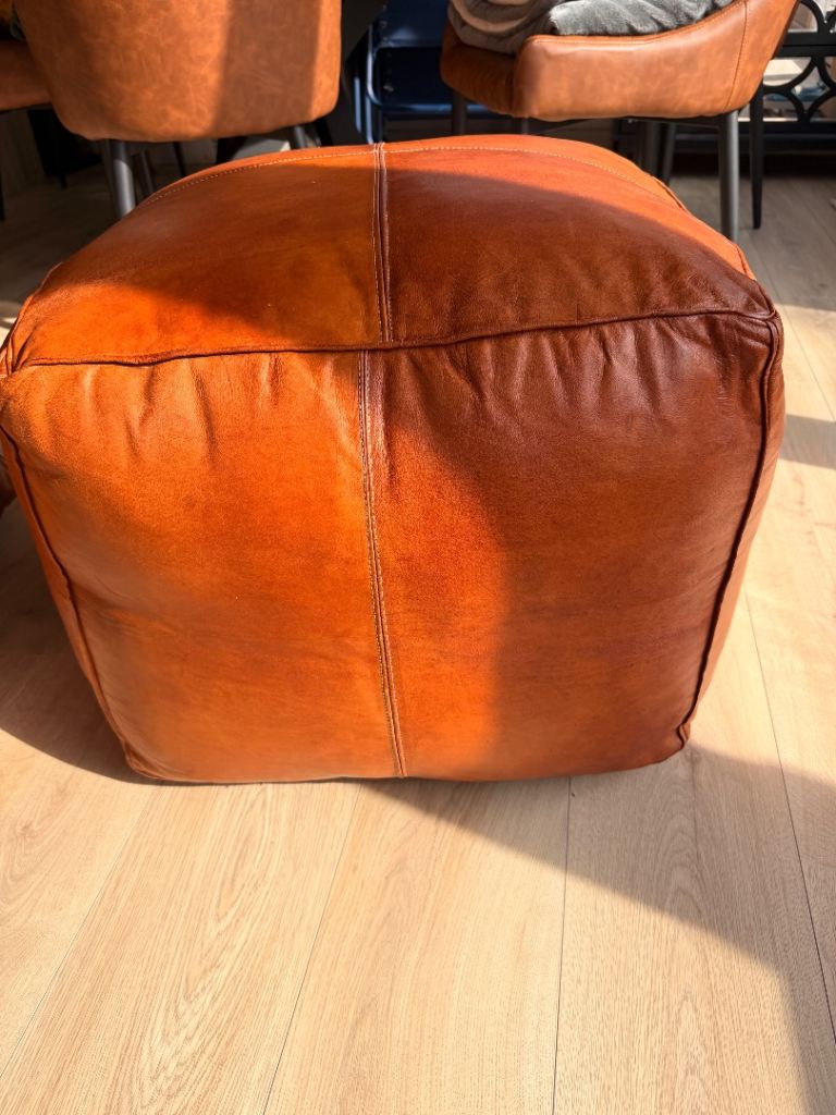 Pair of Tan Leather Pouffe Stools – Good Condition