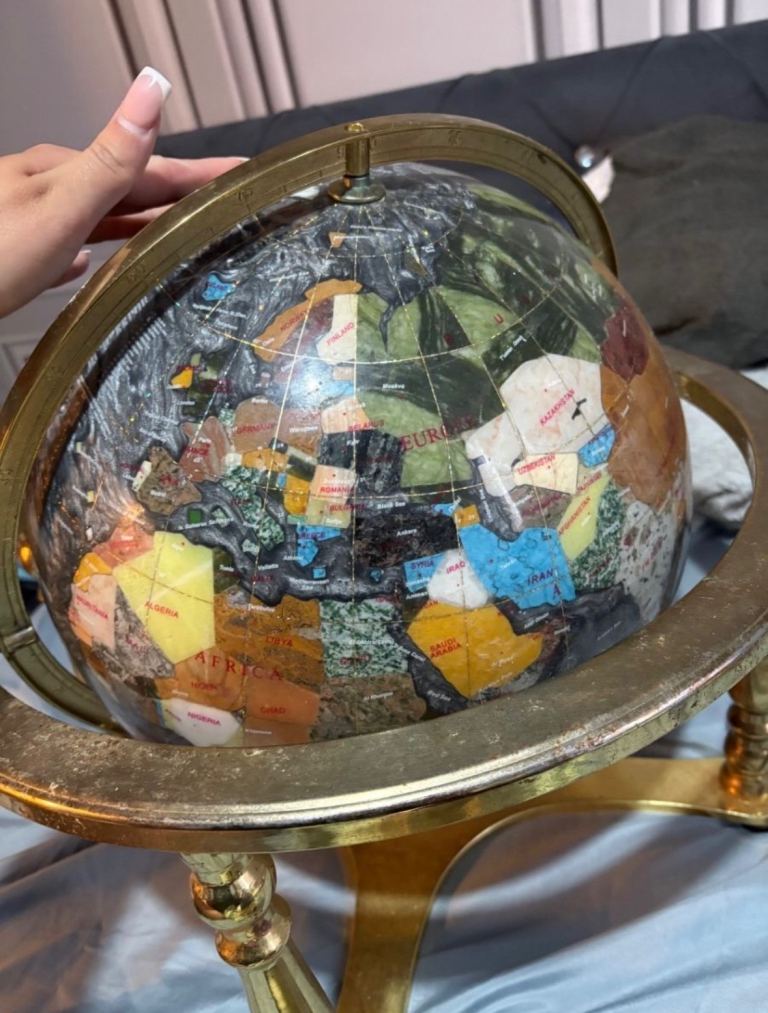 Vintage Gemstone Globe with Brass Stand – Fair Condition, £40.00 for Sale