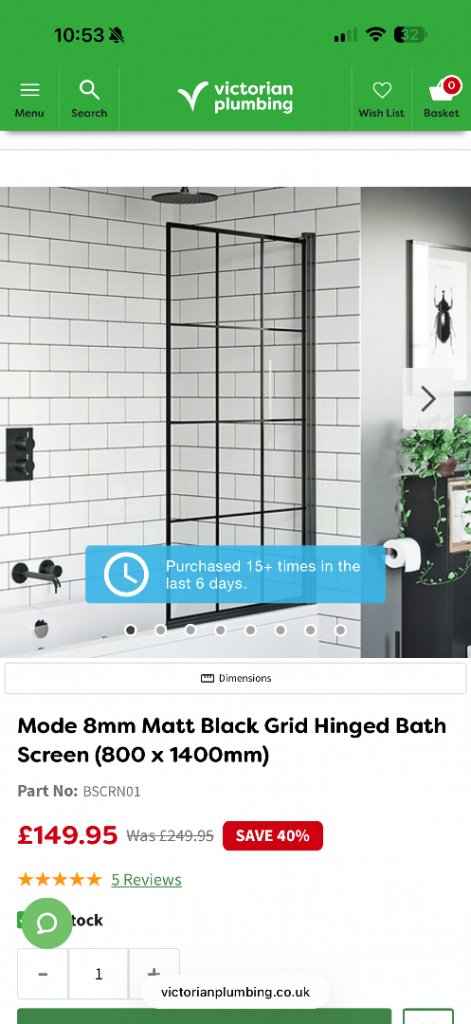 Mode 8mm Matt Black Grid Hinged Bath Screen - NEW