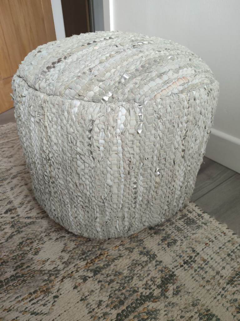 REDUCED  Green/white/silver Woven suede Fabric Pouffe – Good Condition