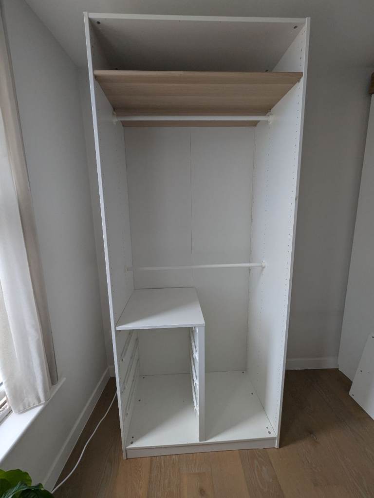 IKEA PAX Wardrobe Frame with Mirrored doors, Shelves and Rail - White Wood