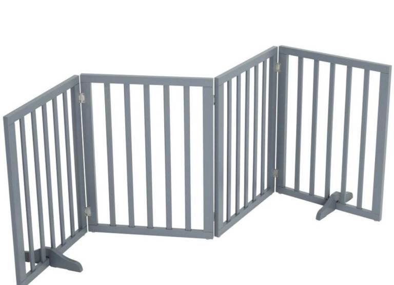 A new still boxed grey wooden 4 panel folding pat gate . 