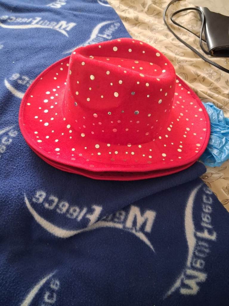 Red Fedora Hat with Sparkly Dots – Good Condition