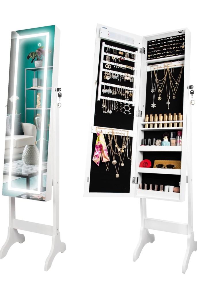 White light up mirror, jewellery storage 