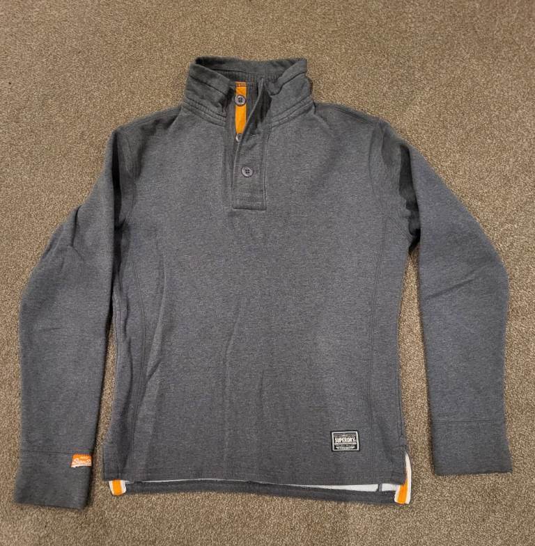 Superdry Sweater 1/4 Button Sweatshirt Grey Turtle Neck Medium 