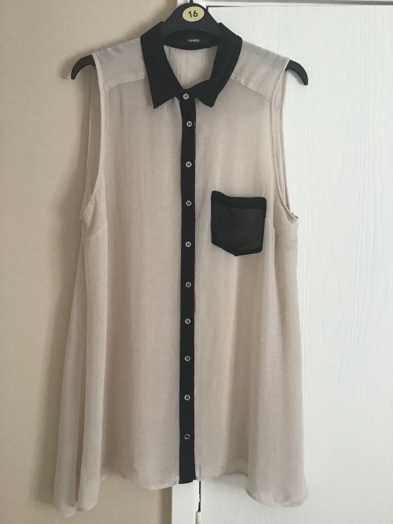 ‘George’ Ladies Cream Sheer Sleeveless Blouse with Black Collar, UK Size 16 - BRAND NEW