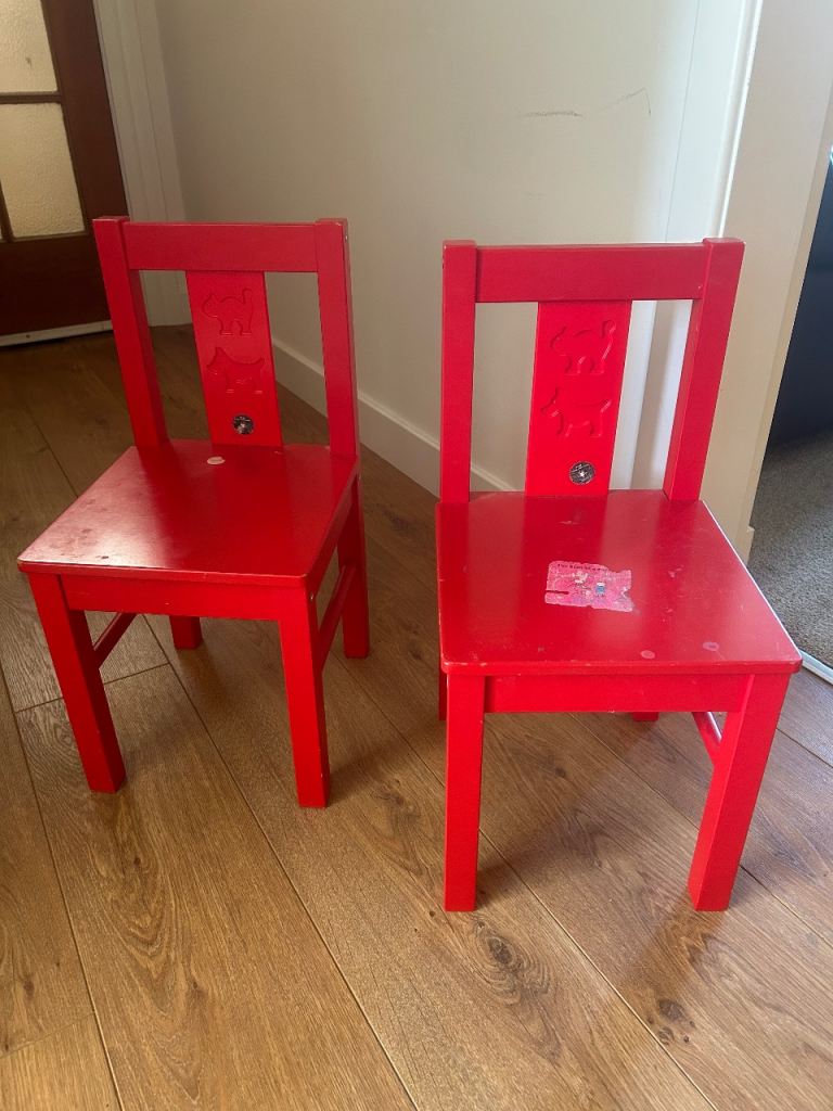 Pair of Red Wooden Kids Chairs 