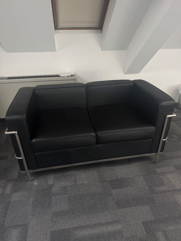 Black Leather Two-Seater Sofa - Fair Condition