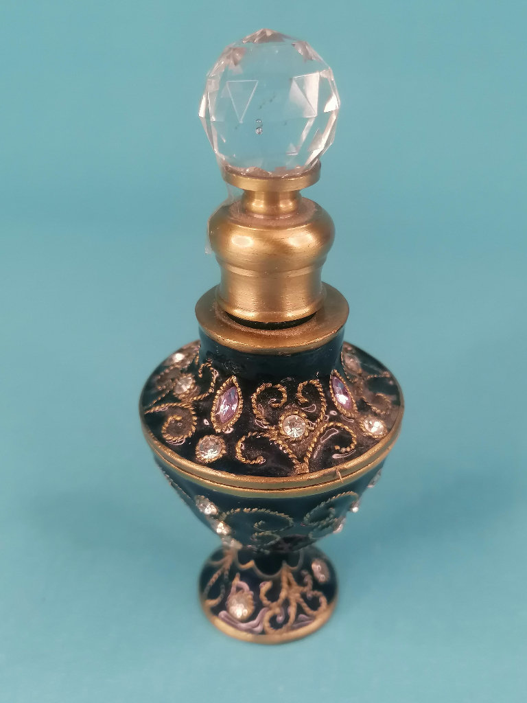 4-inch Vintage Enamel Glass and Crystals Perfume Scent Dressing Table Bottle.