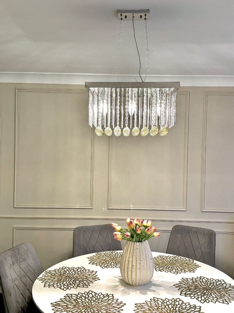RECTANGULAR Silver Chandelier with Crystal Drops – Six Lights