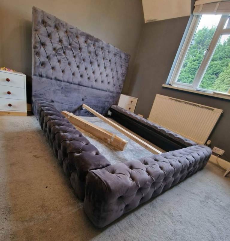 Plush velvet grey bed frame