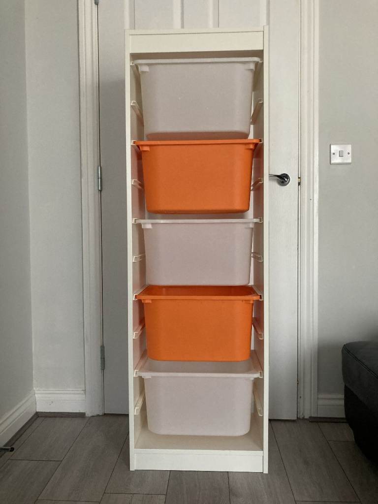 IKEA TROFAST Storage combination with boxes, white/white/orange, 46x30x145 cm
