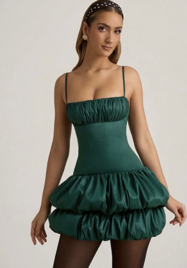 Oh Polly Women’s Clarice Satin Bubble Hem Corset Mini Dress in Emerald Green - 8