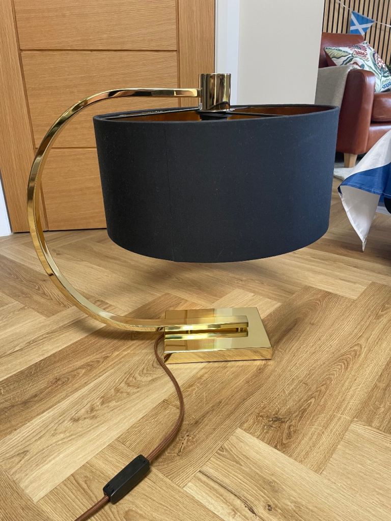 Stylish Gold Arc Table Lamp with Black Shade – Good Condition
