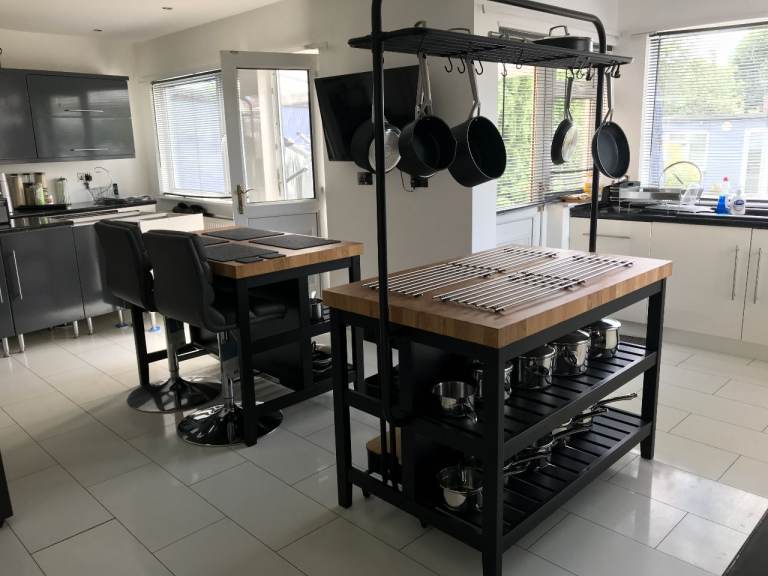 IKEA VADHOLMA Kitchen Island with hanging Storage Rack  Black Oak – 126×79×193 cm RRP £620 Excellent
