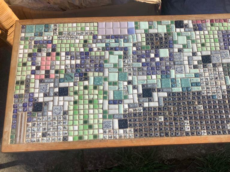Mid Century Vintage 1960s Mini Tile Mosaic Teak Coffee Table With Dansette Legs