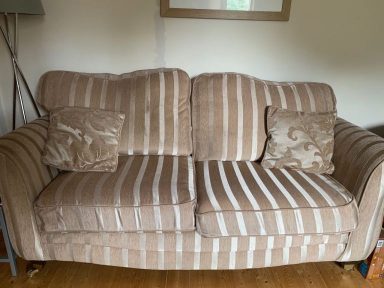 Striped Two-Seater Sofa – Good Condition, Beige Fabric