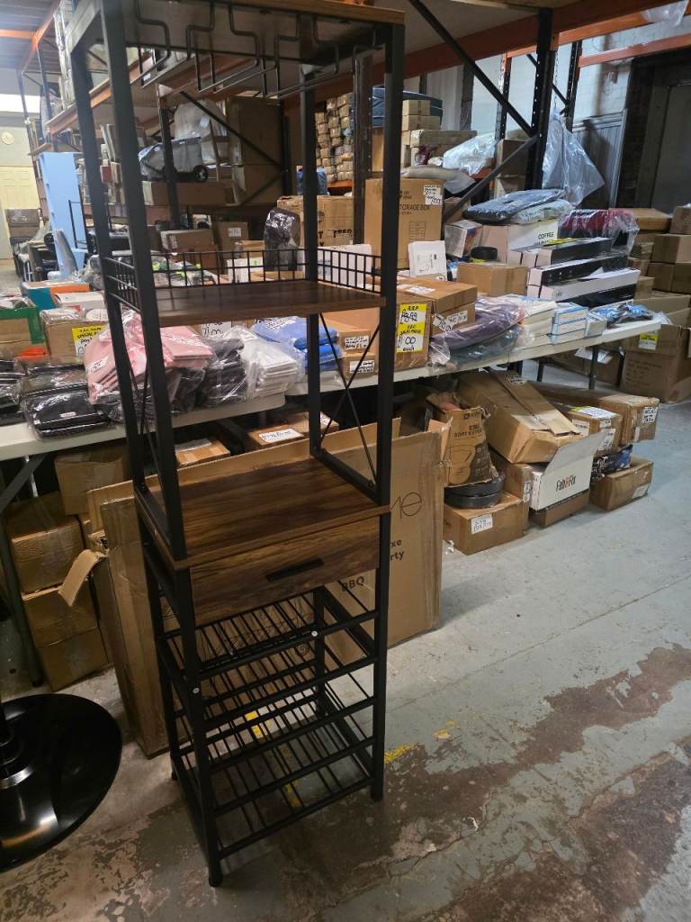 A new dark rustic wood effect and black metal tall  wine storage unit. 
