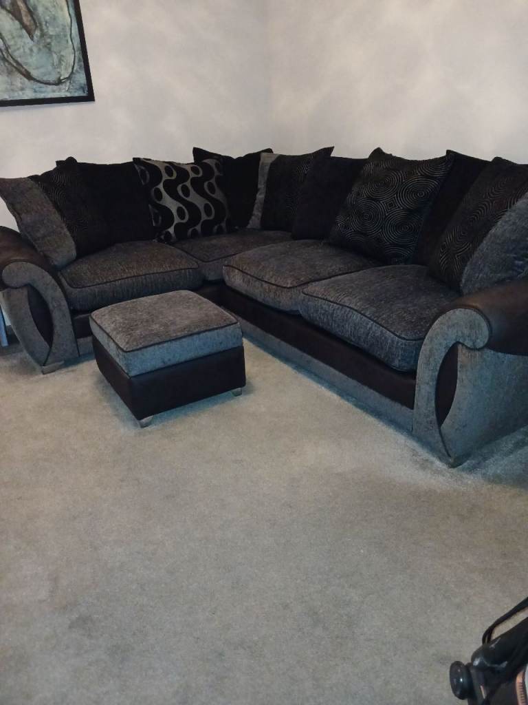 Large Corner Sofa and Swivel Chair with Footstool – Grey Fabric