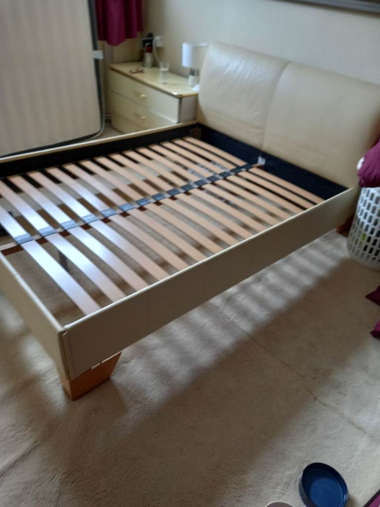 Cream Faux Leather Double Bedstead (disassembled) w/perfect condition Emma Mattress