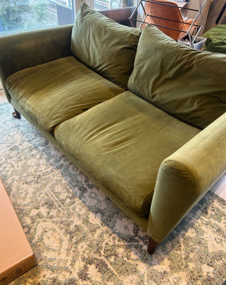 Moss green velvet 2 seater sofa