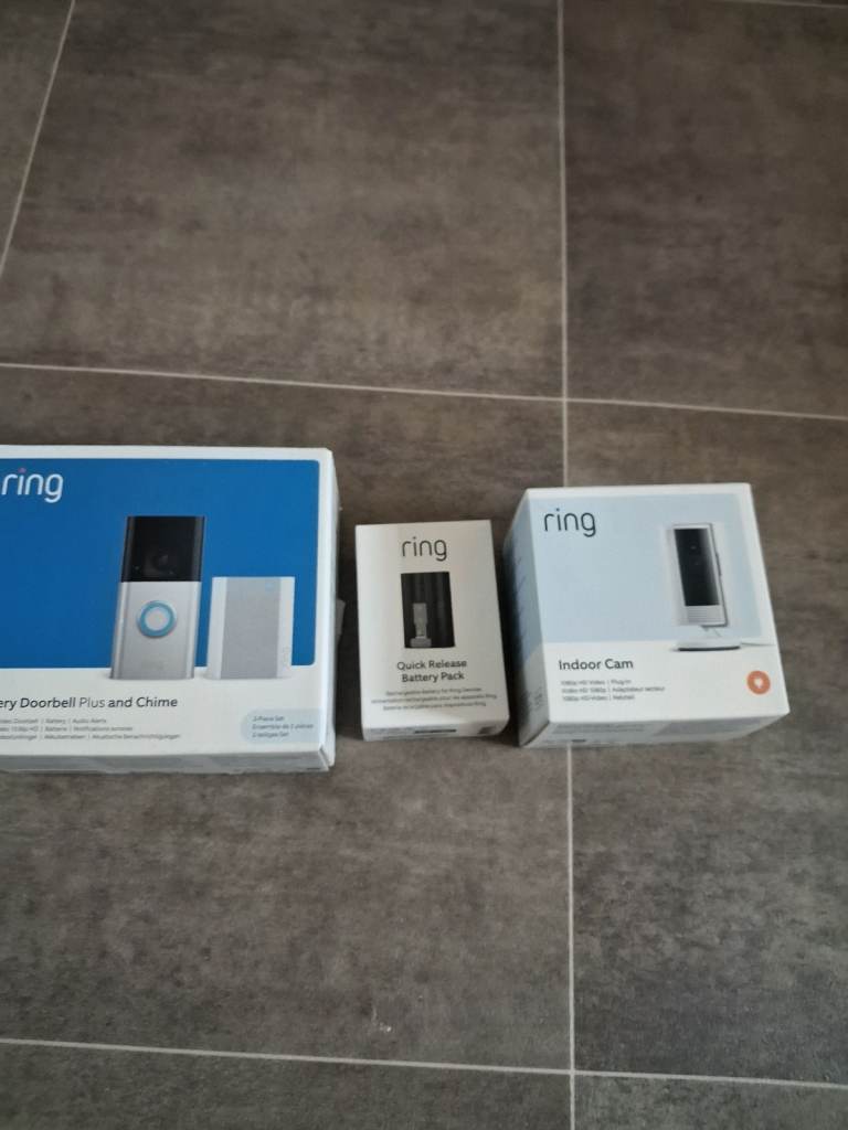 Ring Video Doorbell Plus, Chime, Quick Release Battery Pack, and Indoor Cam