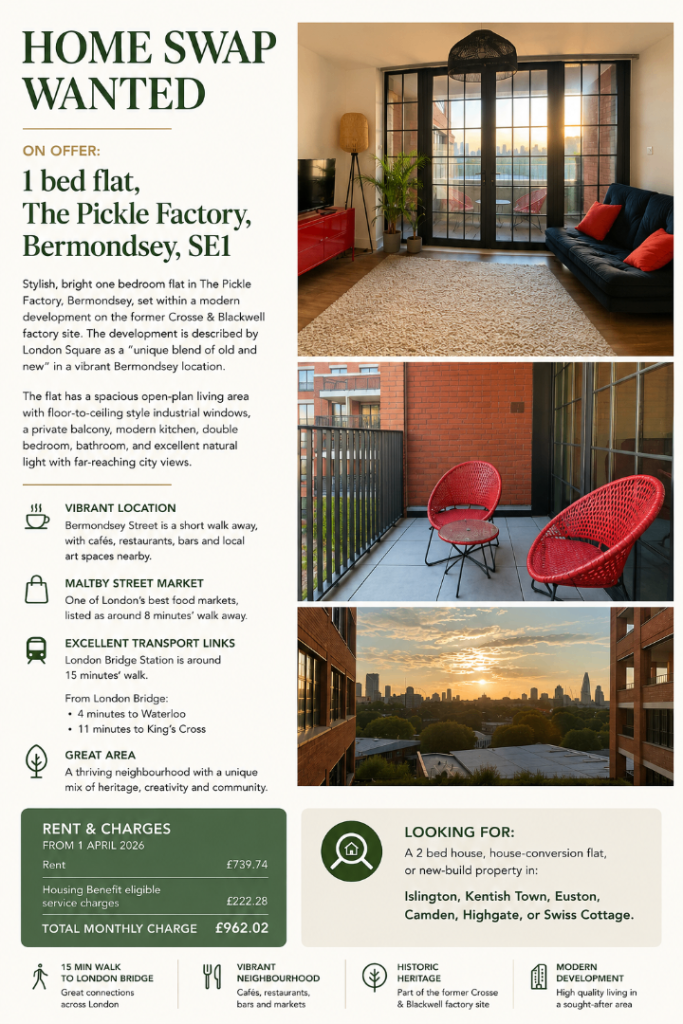 OFFERED: 1 bed SE1 flat. WANTED: 2 bed N1, EC1, NW