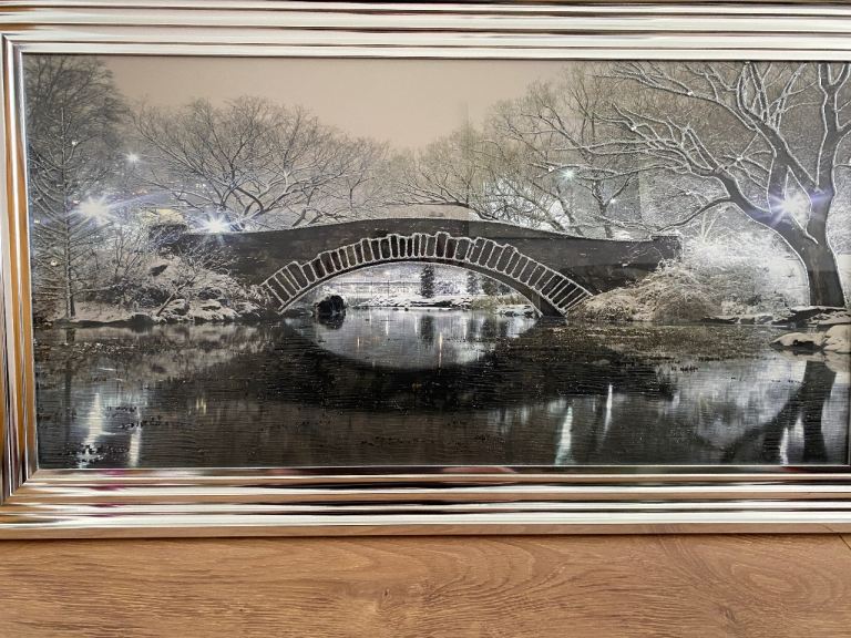 New York Central Park bridge snow scene liquid art picture 