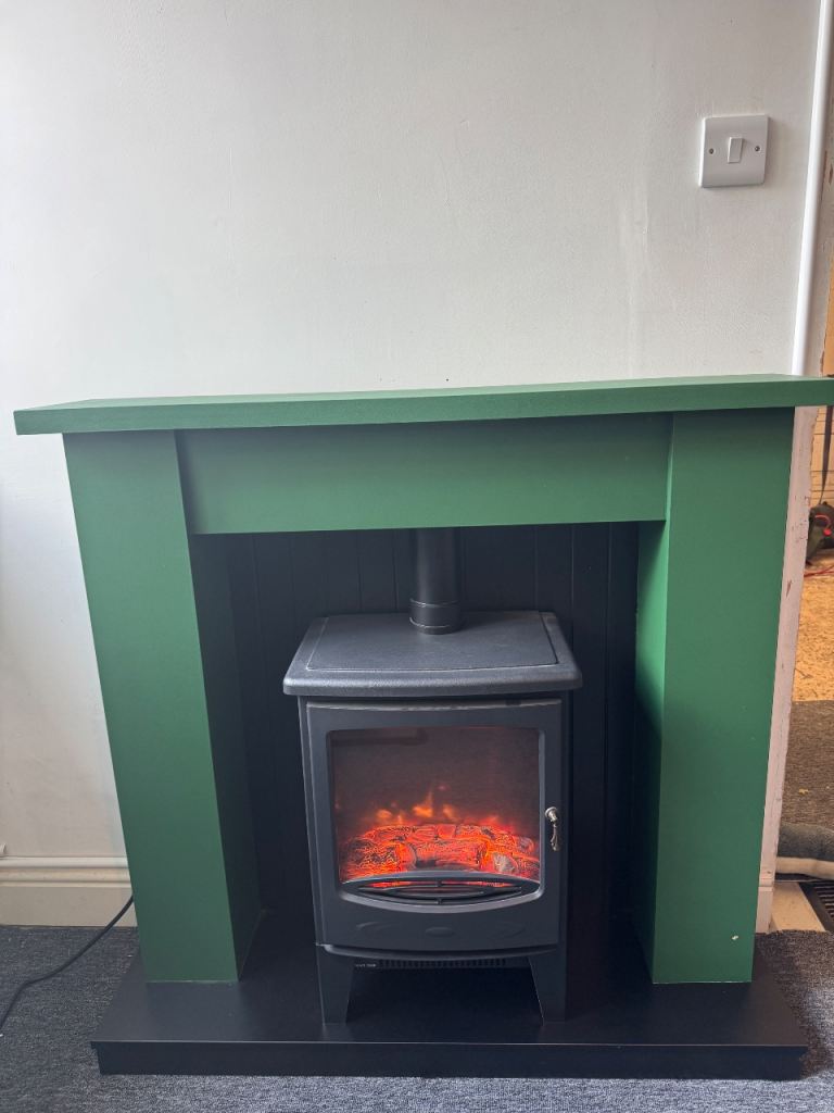 Green Fireplace Surround with Electric Stove Insert