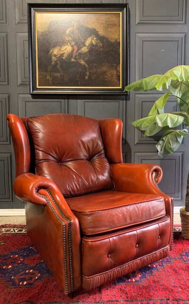 SOLD Vintage Antique Edwardian Style Moroccan Red Leather Wing Back Chesterfield Studded ArmChair