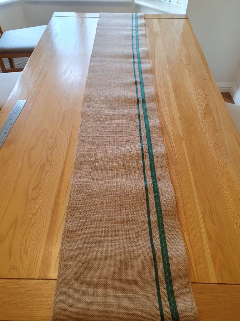 Wedding table runner set of 11 - hessian with forest green satin ribbon trim 