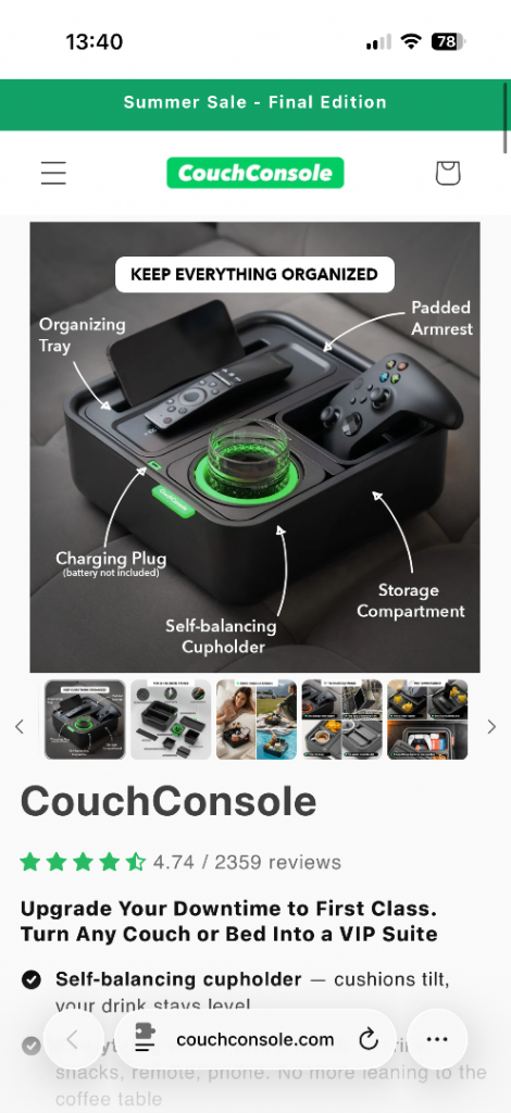 Couch Console Organiser with Self-Balancing Cupholder – As Good As New