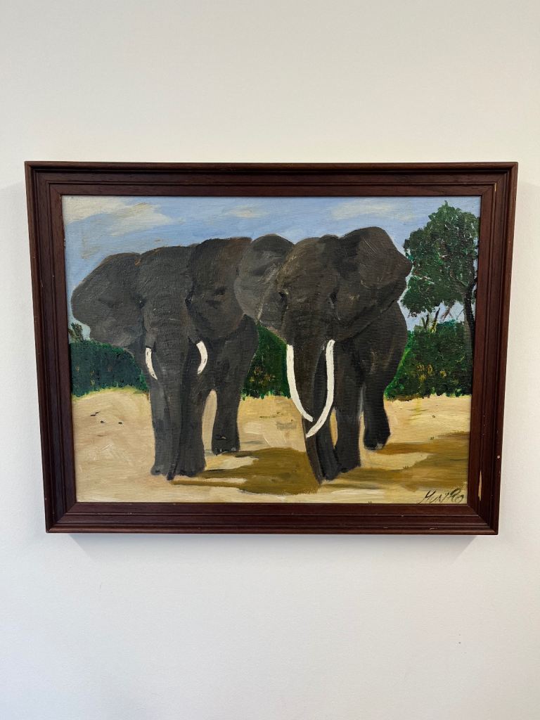 Vintage Original Oil On Board Signed Painting of Two Elephants
