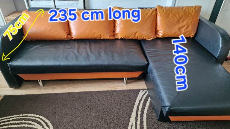 Black and Orange Leather Corner Sofa bed with Cushions ip3