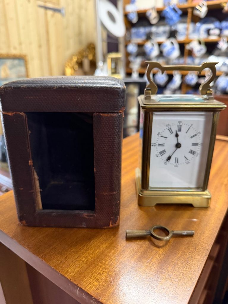 Antique Brass Carriage Clock with Original Leather Travel Case – Fully Working